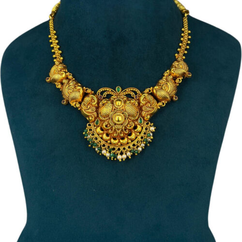 Antique Floral Temple Necklace with Gold Polish pearl & peridot stones
