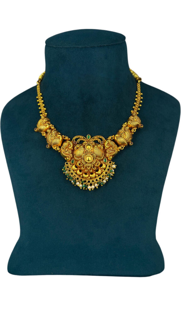 Antique Floral Temple Necklace with Gold Polish pearl & peridot stones