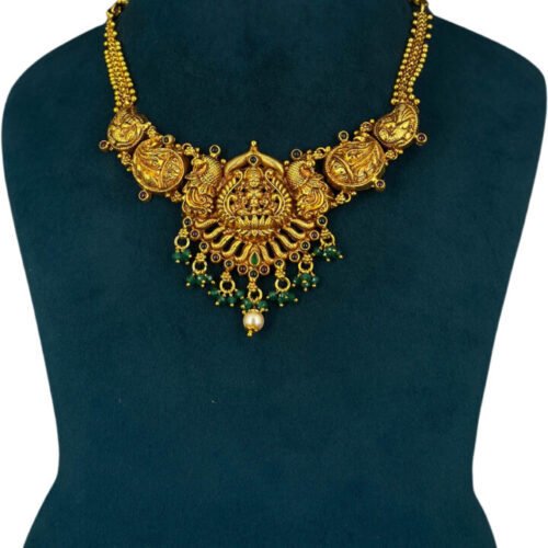 pearl & peridot stones Lakshmi with mango design temple jewellery